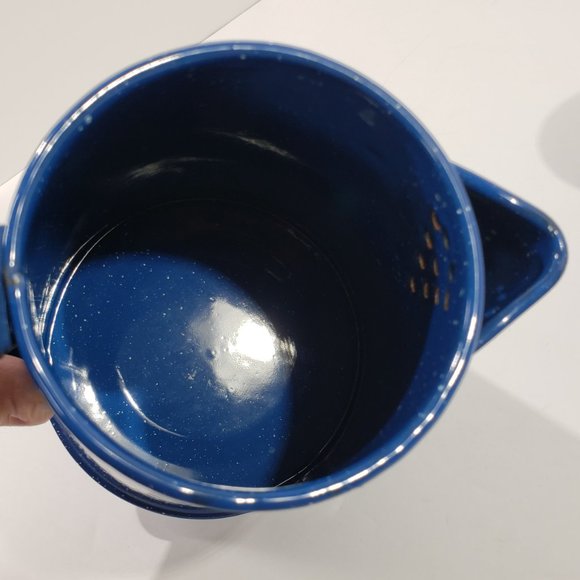 Blue & White, Navy Trimmed Speckled Coffee Pot Enamel Ware with One Cup - Picture 5 of 7